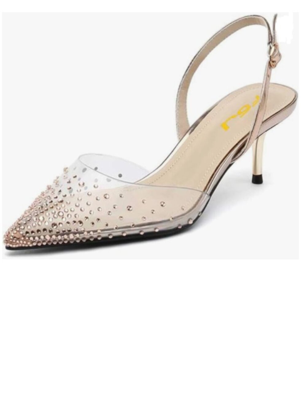FSJ Gold Crystal Studded Clear Pumps Low Heel Sandals Slingback D'orsay Shoes